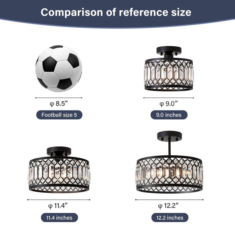 Pevfah Crystal Black Ceiling Light, Modern Semi Flush Mount Ceiling