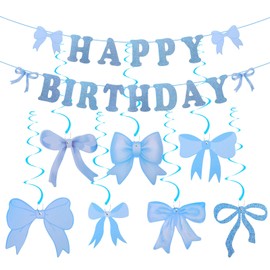 Gosknor Bow Birthday Party Decorations, Blue Coquette Happy Birthday Banner with Bow Hanging Swirls Glitter Bowknot Garland for Girls Women Baby Shower Party Decor Supplies