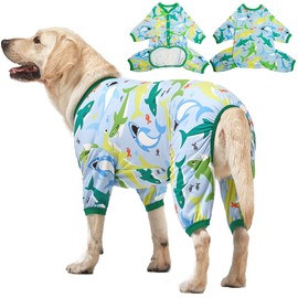 LovinPet Surgical Recovery Shirt for Large Dogs, Undershirt for Dog Coats, Lightweight Stretchy Knit Dog Onesie, Big Bites Turquoise Print, Pitbull Shirt, UV Protection,Stop Shedding for Dogs, XL