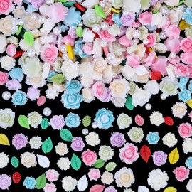 sinyanail Sinyanail 3D Flower Nail Charms Set,150pcs Mixed Size Camellia Rose Resin Charms,150pcs Mixed Size and Color Leaves,100pcs Round White Pearl Beads for Nail Accessories Nail Art (15-Rose-6color Blue)
