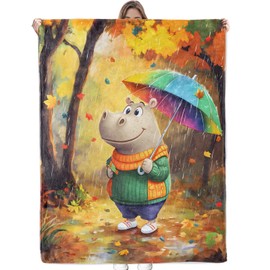 Bidesk Cute Hippo Blanket Soft Cozy Flannel Throw Blanket, Warm Yet Lightweight Autumn Hippos Hold Umbrella Blankets for Travel, Couch, Bed, for Adults Women Kids, Fuzzy Outdoor Comfort Wrap 60"×50"