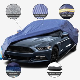 Car Cover Waterproof All Weather, 6 Layers Outdoor Full Exterior Cover Rain Sun UV Snowproof Protection with Zipper Cotton, Mirror Pocket for Ford Mustang