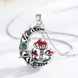 TRISHULA Moon Mushroom Necklace 925 Sterling Silver Red Mushroom Pendant Moss Agate Moon Phase Necklace Mushroom Jewelry Crescent Moon Jewelry for Women