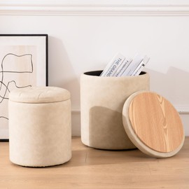 oakvivo Faux Leather Round Ottoman with Storage Set of 2, Button Tufted Ottoman Foot Stools Vanity Stool, Small Boucle Coffee Table Footstool with Removable Lid for Living Room, Bedroom, Beige