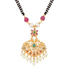 Aheli Elegant Faux Stone Beads Encrusted Pendant Indian Mangalsutra Long Black Beaded Chain Ethnic Traditional Jewelry Gift for Women