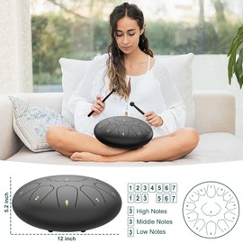 Large Steel Tongue Drum Handpan: 12 Inches 13 Notes Rain Drums for Outside Garden, Meditation Hand Pan with Music Book, Mallets and Carry Bag, Musical Instrument for Adult Kid Gift (Black)