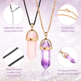 20 Pieces Hexagonal Crystal Necklaces Bullet Shape Gemstone Pendant Necklaces Quartz Stone Chain Necklaces with 20 Inch Chain and 18 Inch Leather Cords for Women (Stylish Style)