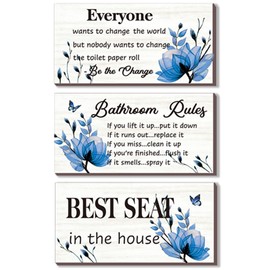 DONFENTHY 3 Pieces Blue Bathroom Decor Bathroom Rules Wall Art Blue Flower Bathroom Rules Signs Best Seat in The House Rustic Farmhouse Wooden Sign for Bathroom Toilet Wall Decor (Blue 10x5 Inch)