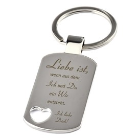 Keyring with Heart Cut-Out and Engraving "Liebe ist, wenn aus dem Ich und Du ein Wir entsteht" - Chrome - as a Gift for Valentine's Day, Birthday or Christmas, silver