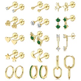 Thunaraz Dainty Gold Flat Back Earrings for Women Cartilage Earrings Hypoallergenic Surgical Steel Earrings for Sensitive Ears Small Stud Hoop Earrings Sets 14 Pairs Golden CZ