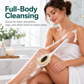 Long Handle Natural Boar Bristle Body Brush – 360mm Shower Scrub and Exfoliating Bath Brush