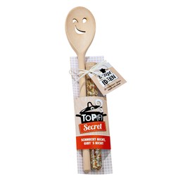 High Quality Wooden Cooking Spoon Height 30 cm with Face and Spice Mix 15 g and Recipe Idea in Gift Shape