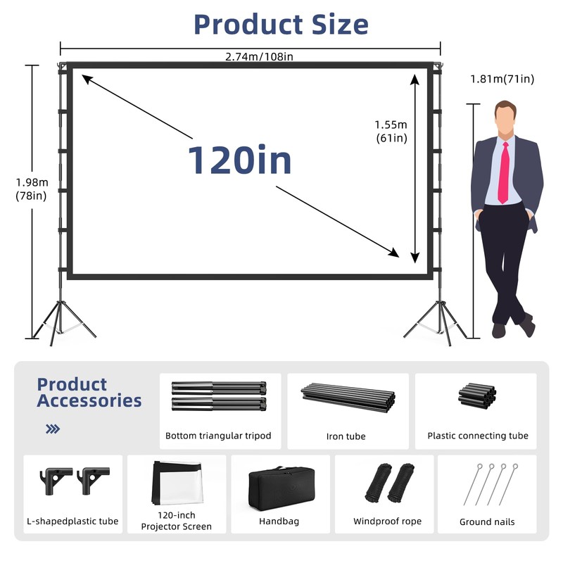 Projector Screen Outdoor, Vamvo Projector Screen with Stand Portable 120"