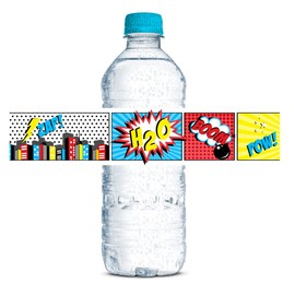 Comic Book Super Hero Birthday Themed Waterproof Water Bottle Sticker Wrappers 20 Wrap Around Labels Sized 1.75" x 8.5" by AmandaCreation