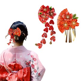 Kimono Hair Ornament, Fan-shaped, 2-piece Set, Hair Clip, Flowers, Chinese Style, Chinese Style, Yukata, Kimono, Hair Accessories, Headdress, Children's Hair Ornament, School Entrance Ceremony,