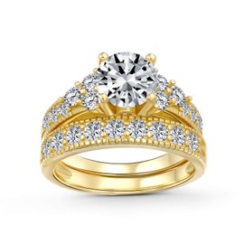 Bling Jewelry Classic CZ Solitaire Round Cubic Zirconia Promise Engagement Wedding Ring Set Pave Band 14K Gold Plated Sterling Silver