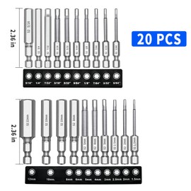 VIKKSAER 20 Pack Hex Head Allen Wrench Drill Bit Set S2 Steel Magnetic Screwdriver Bits with 1/4 Inch Hex Shank, 2 Inch (10pcs Metric H1.5-H12 & 10pcs SAE 5/64-5/16 Inch)
