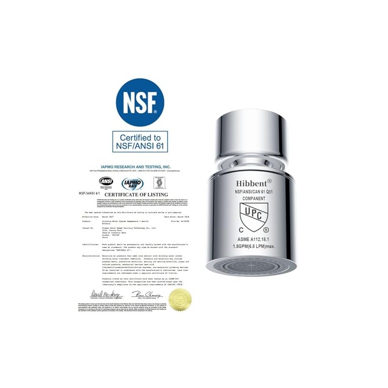 Hibbent NSF/ANSI/CAN 61 Certified Faucet Aerator, CUPC Certification 360° Swivel