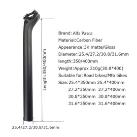Alfa Pasca Carbon Seatpost 25.4 Carbon Road Bike Seatpost Dropper Seat Post 3K Matte 400mm