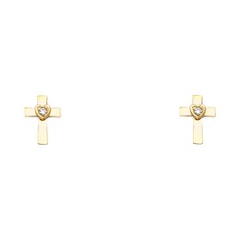 Wellingsale 14K Yellow Gold Polished Cross Heart Stud Earrings With Screw Back