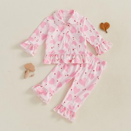 MAHUAOYIXI Toddler Girl Pajamas Set Loungewear Sleepwear Outfits Heart Print Long Sleeve Button Down T-Shirts Sweatshirts Tops and Elastic Pants 2Pcs Clothes Set for Little Girls (Pink, 18-24 Months)