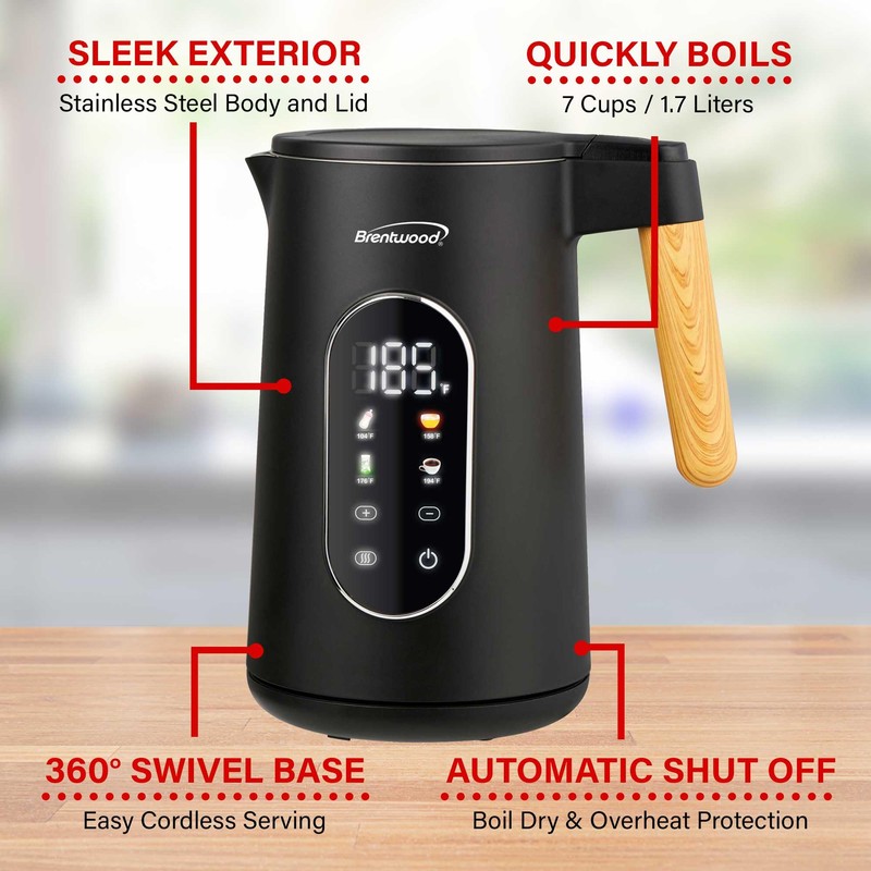 Brentwood 1100W 1.7L Cordless Cool Touch Digital Kettle with Stainless