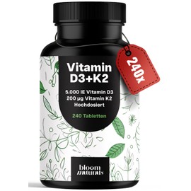 Vitamin D3 K2 High Dose - 240 Tablets with 5000 IU D3 & 200 µg K2 - 99.7+% All-Trans K2-MK7 - Vitamin D - Produced in Germany