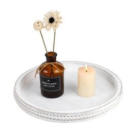 Funly mee Rustic White Wood Serving Tray,Decorative Tray for Coffee Table- 12.6x12.6 inches (Rustic White)