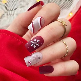 Christmas Press on Nails Medium Square Fake Nails Gingerbread Man & Snowflake Designs False Nails Red and White Acrylic Nails Reusable Matte Nails Stick on Nails for Women and Girls Xmas Manicure