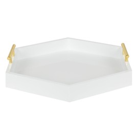 Kate and Laurel Lipton Hexagon Decorative Tray with Polished Metal Handles, White and Gold