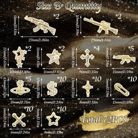 BELICEY 72Pcs 3D Gold Nail Charms Assorted Gun Star Cross Charms for Acrylic Nails Alloy Planet Dollar Pin Nail Decorations Gems Rhinestones Y2k Nail Jewels for Women Manicure DIY Nail Design Crafts