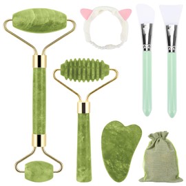 Coicok 6 stück Jade Gua Sha Stein Set, Gua Sha und Gesichtsroller Beauty Massager Skincare, Jade Roller, Natürlich Grünes Massagegerät, Anti-Aging Massageroller, Schönheit Geschenke