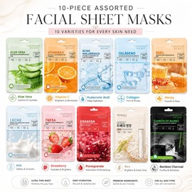 Mascarillas Faciales Coreanas Surtidas – Pack de 10 Piezas Hidratantes con Extractos Naturales – Skincare Coreano K-Beauty para Cuidado del Rostro