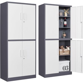 SISESOL Storage Cabinets With Doors And Shelves, 71'' Metal Garage Cabinet Locking, Adjustable Layers For Home Gym, bathroom, kitchen, office, Gray White
