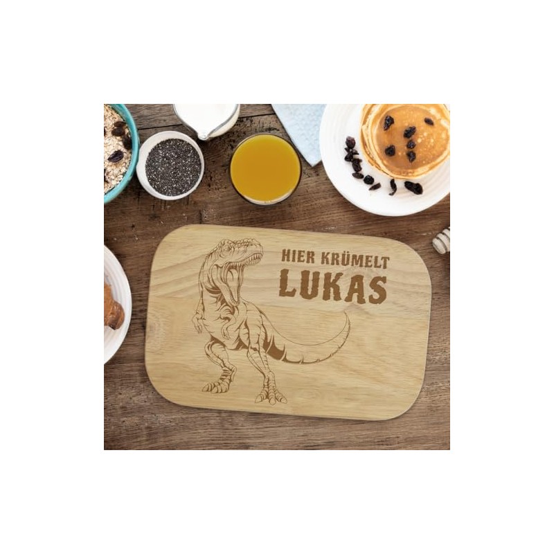 Personalisiertes Frühstücksbrettchen "Dinosaurier" Motiv, Ihr Text mit Laser in Gummibaum