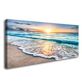 Baisuart S02262 Canvas Prints Wall Art Beach Sunset Ocean Waves Nature Pictures Stretched Canvas Wooden Framed for Living Room Bedroom and Office