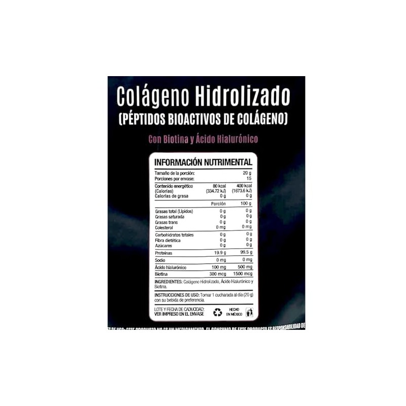 Péptidos de Colágeno Hidrolizado con Biotina y Ácido Hialurónico 300