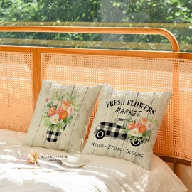 Spring Throw Pillow Covers 20x20 Set of 4 Floral Pillow Covers Spring Summer Decorative Pillow Covers Truck Biycle Flower Cushion Covers Pillow Cases for Home Outdoor Sofa Couch Decorations (20 inch)