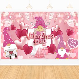 Valentines Day Photography Backdrop, Happy Valentines Day Banner Backdrop, Red Pink Love Hearts and Gnomes Design Party Supplies, for Valentines Day Party Decorations(6x3.6ft)