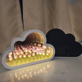 Cloud Tulip Mirror Night Light,Finished Decor Tulip Night Light,Bedroom Decor Bedside Table Lamp Desktop Decor Gift for Friends,Birthday,Anniversary,Mother's Day (Purple,No Installation Required)