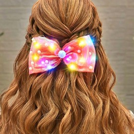 HEREAD Pearl Hair Bow Light Up Bow Knot Hair Clip Barrette Wedding Party LED Hair Accessories for Women (Red)