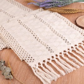 Beige Boho Table Runner, Cotton Table Runner with Hand Tassels, Rectangular Crochet Lace, Hollow Mesh Tablecloth, Macrame Table Runner, Vintage for Rustic Boho Wedding Tabletop Decor, 30 x 180 cm