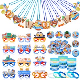 Zenoble 48 Pcs Oktoberfest Party Favors Set Oktoberfest Accessories Decorations Eyeglass Beads Necklaces Button Pins Silicone Bracelets for German Theme Bavarian Beer Festival Party Supplies