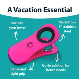 Core Clips - Beach Towel Clips, 3” Stainless Steel Beach Towel Clips with 2.5” Opening, Beach Towel Clips for Pool Chairs and Loungers, Beach Chair Towel Clips for Pool, Cruise, or Beach, Pink