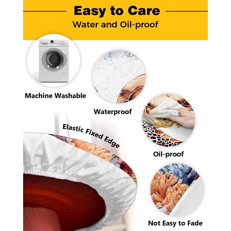 Summer Ocean Round Fitted Tablecloth Retro Turtle Coral Fish Coastal