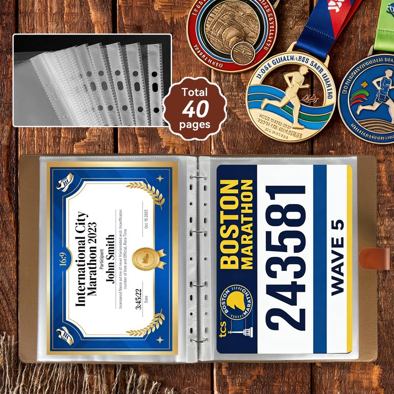 Race Bib Album Book with 40 Protective Sleeves, Runner's Bib