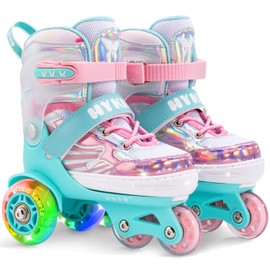HYKID Toddler Roller Skates, 4 Adjustable Sizes, Fun Illuminating, Safety Three-Point Type, Breathable Upper, Beginners' Roller Skates for Girls Kids (Butterfly, S-Small,11-1)