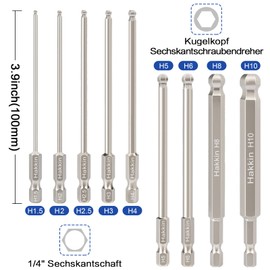 Hakkin 10 Piece Ball Head Hex Screwdriver 100 mm Hex Hex Socket Set with Handle 1/4 Inch S2 Magnetic Screwdriver Ball End Hex Bit Set 1.5/2/2.5/3/4/5/6/8/10 mm for Cordless Screwdrivers