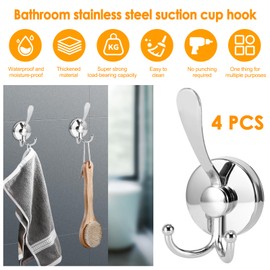 OUZHOU 4 Pack Suction Hooks Duck Tongue Twin Hook, No Drill Hooks Stainless Steel Waterproof Vacuum Suction Hook, Reusable Heavy Duty Suction Cup Bathroom Towel Holder for Bathroom, Kitchen