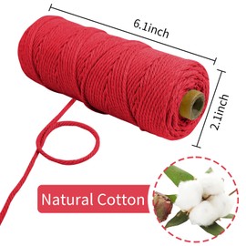 LEREATI Macrame Cord 2mm x 100m, Thick Macrame Rope Natural Cotton Rope Craft String, 3 Strand Twisted Cotton Cord Yarn for DIY Plant Hanger, Wall Hanging, Christmas Decoration (Red)